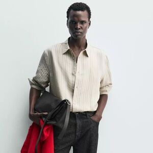 Zara Men’s Beige Pinstripe Button-Up Shirt Size L | Like New